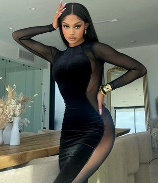 velvet slit mesh dress