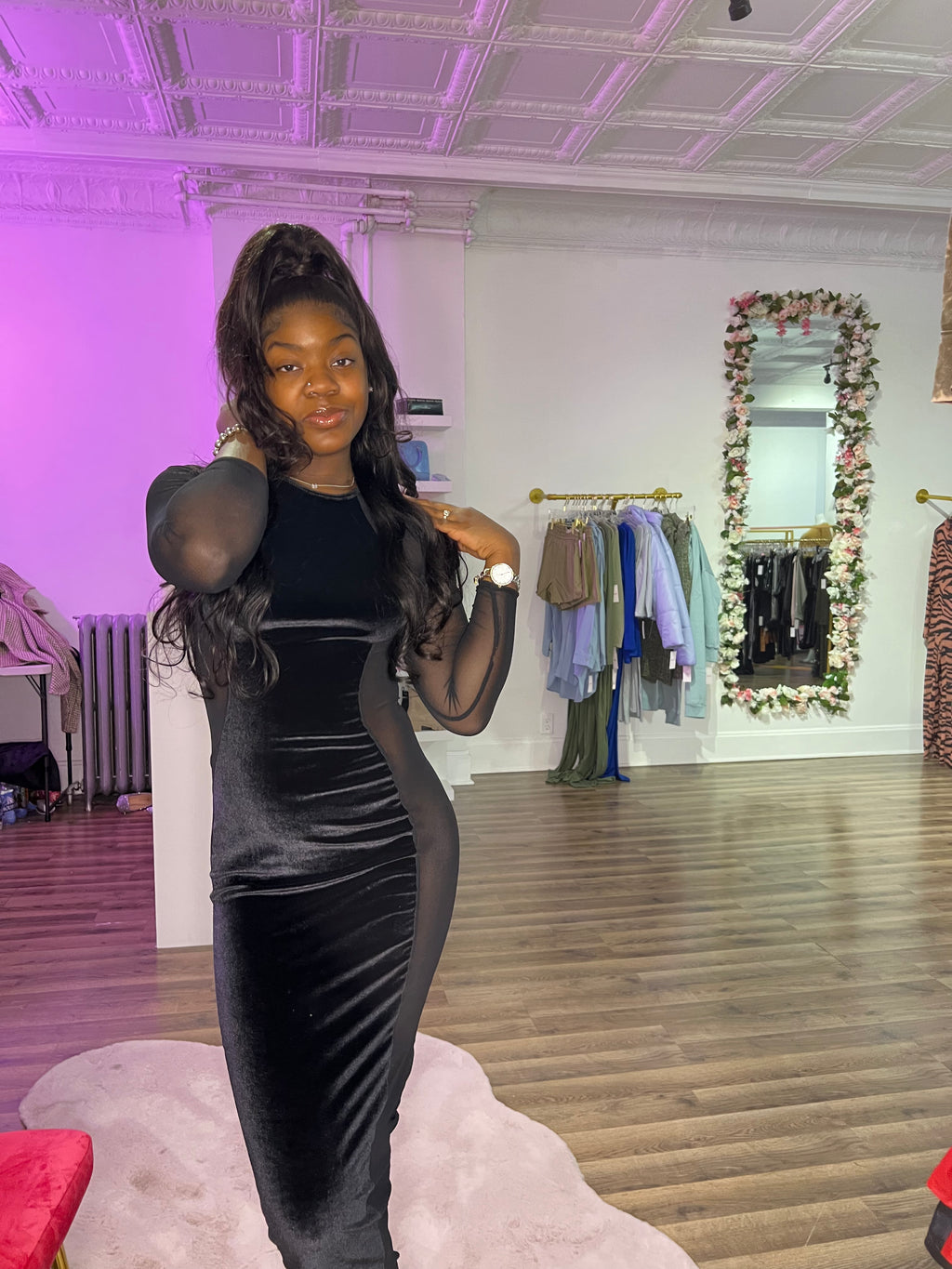 velvet slit mesh dress
