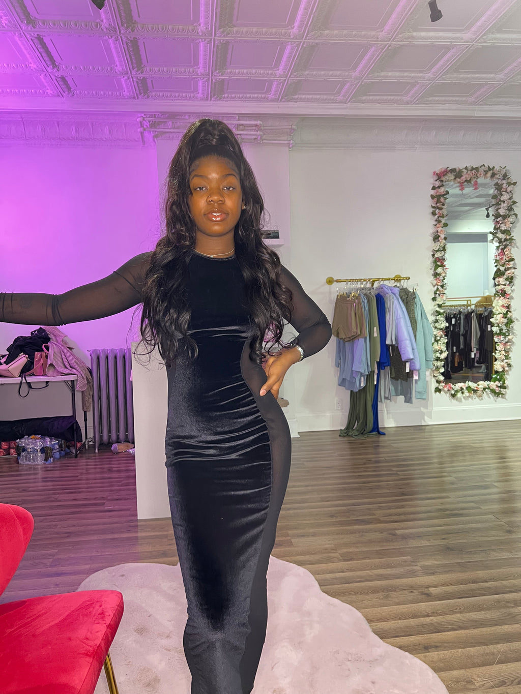 velvet slit mesh dress