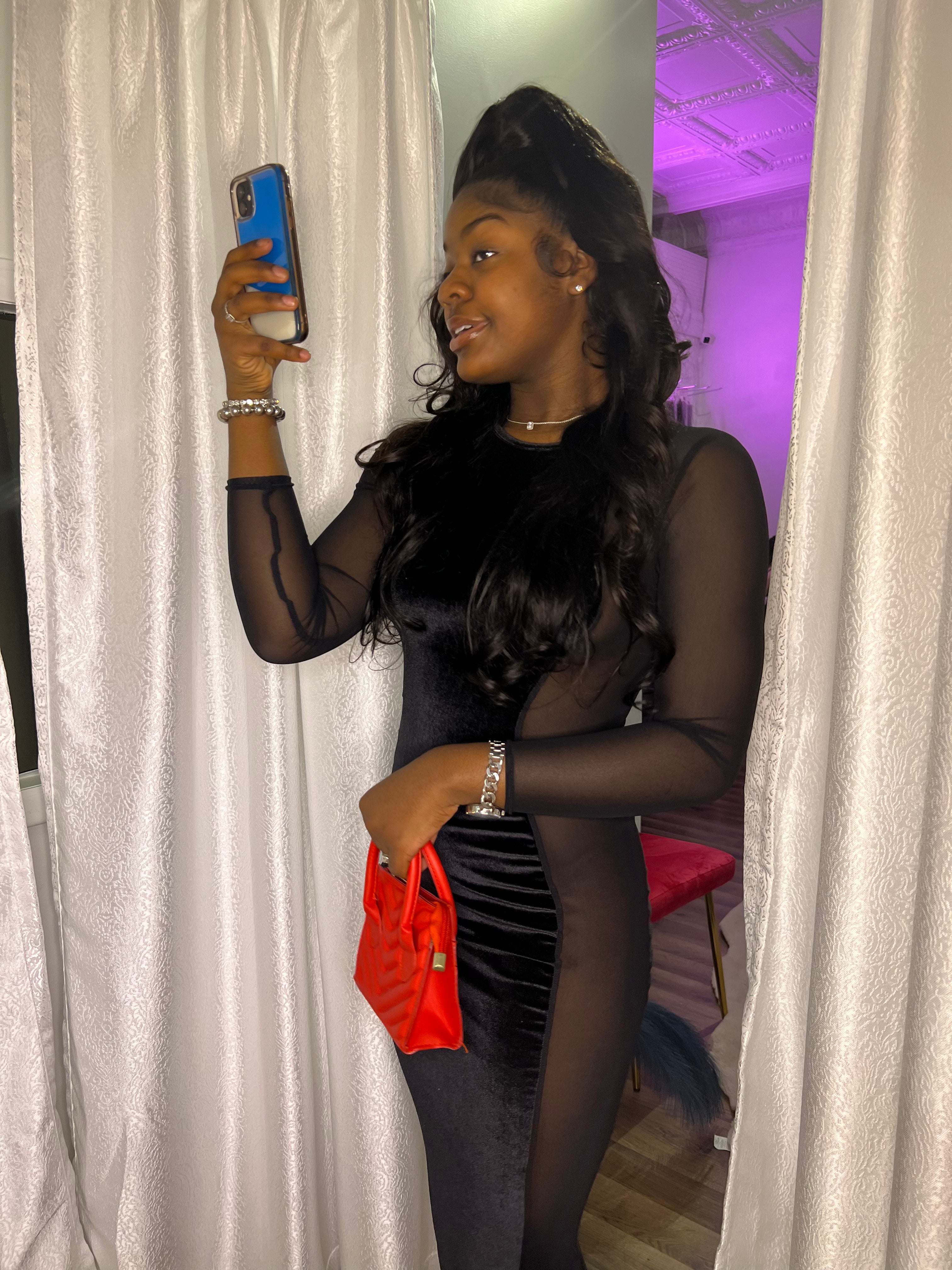 velvet slit mesh dress