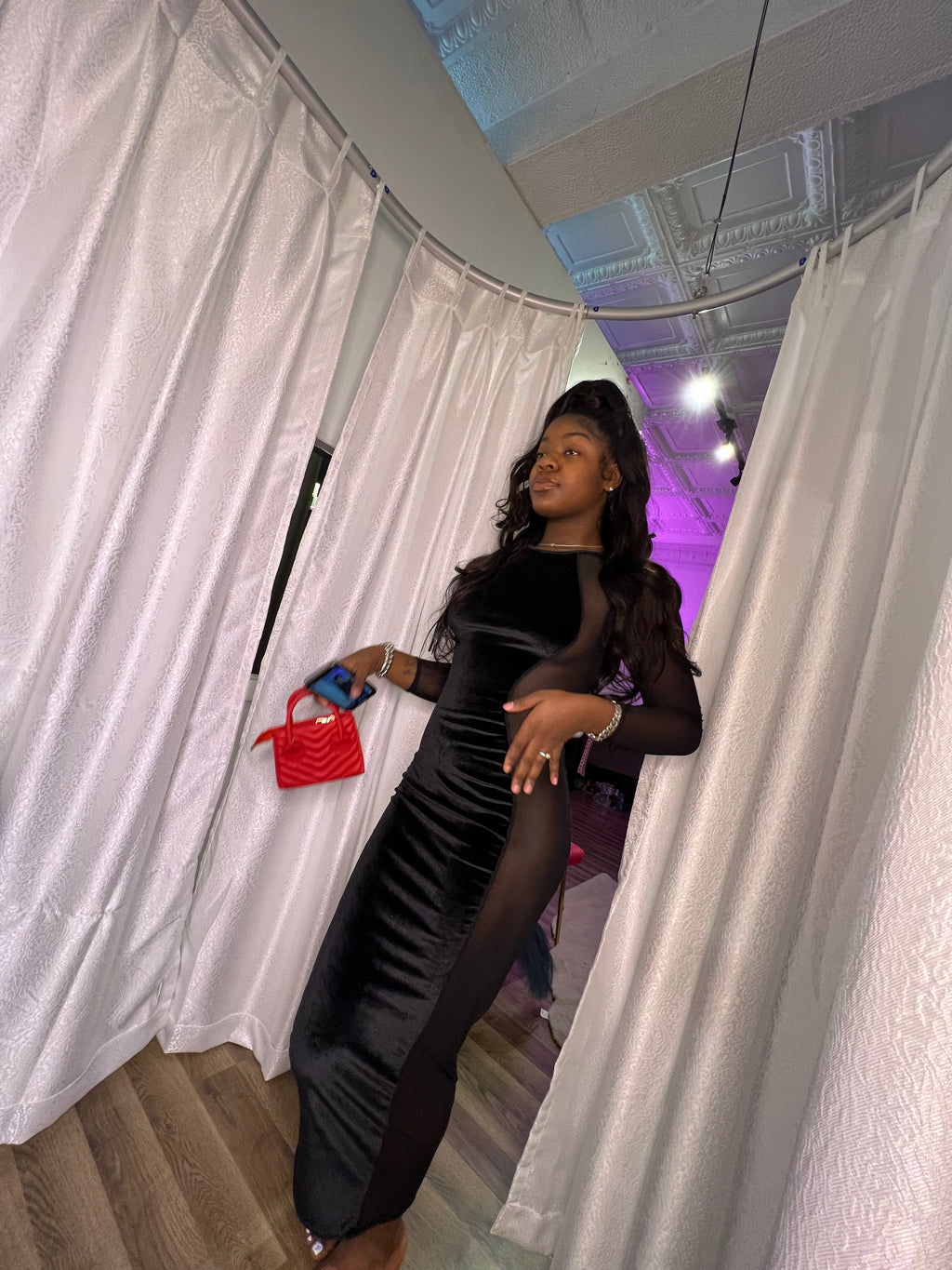 velvet slit mesh dress