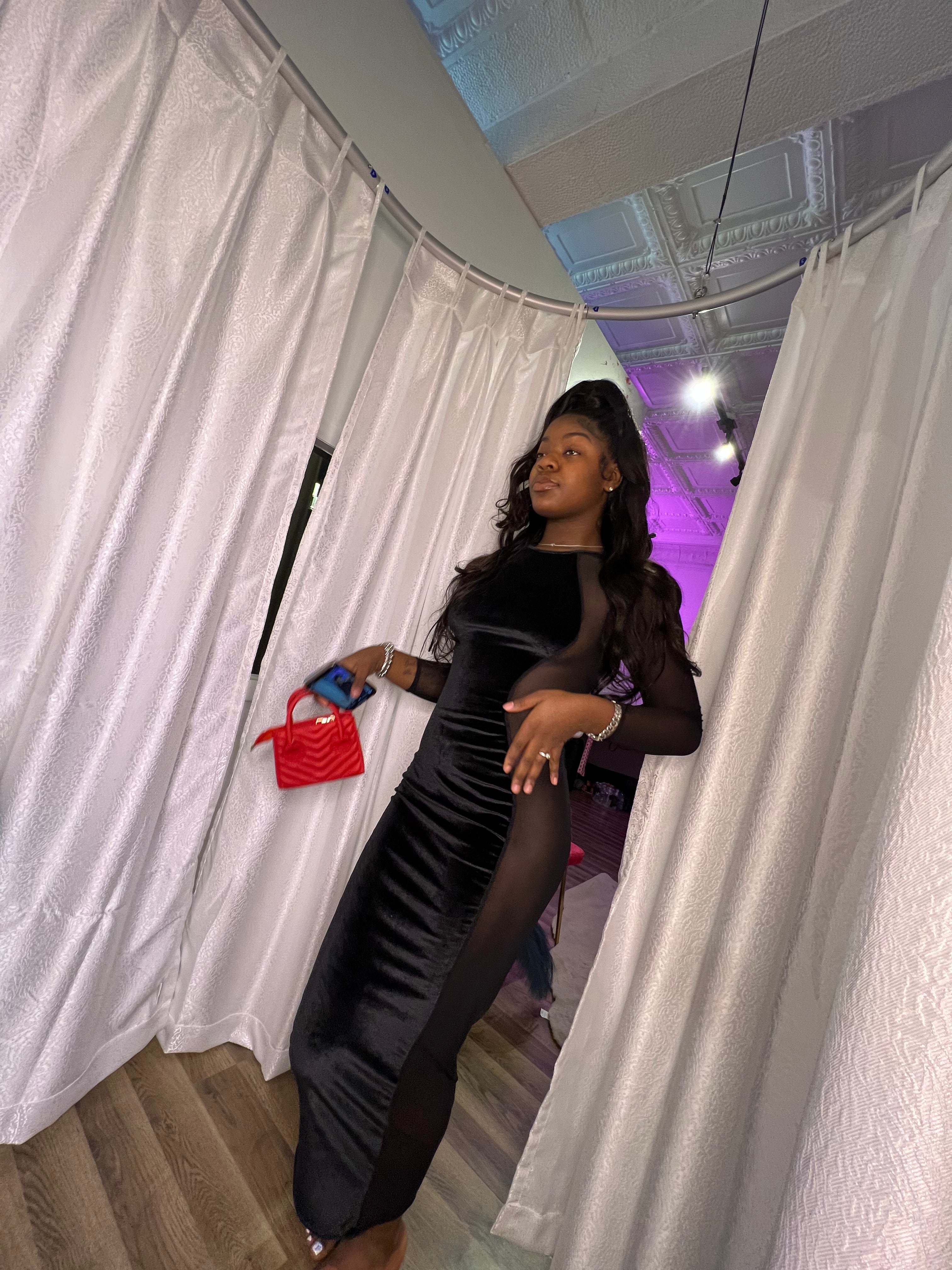 velvet slit mesh dress