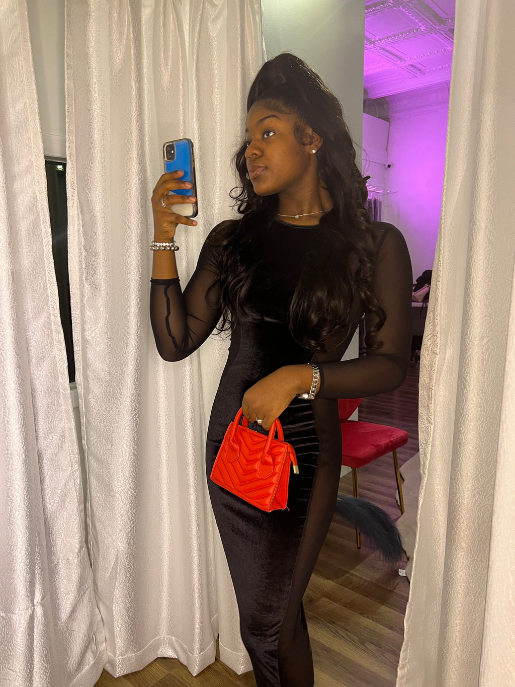 velvet slit mesh dress