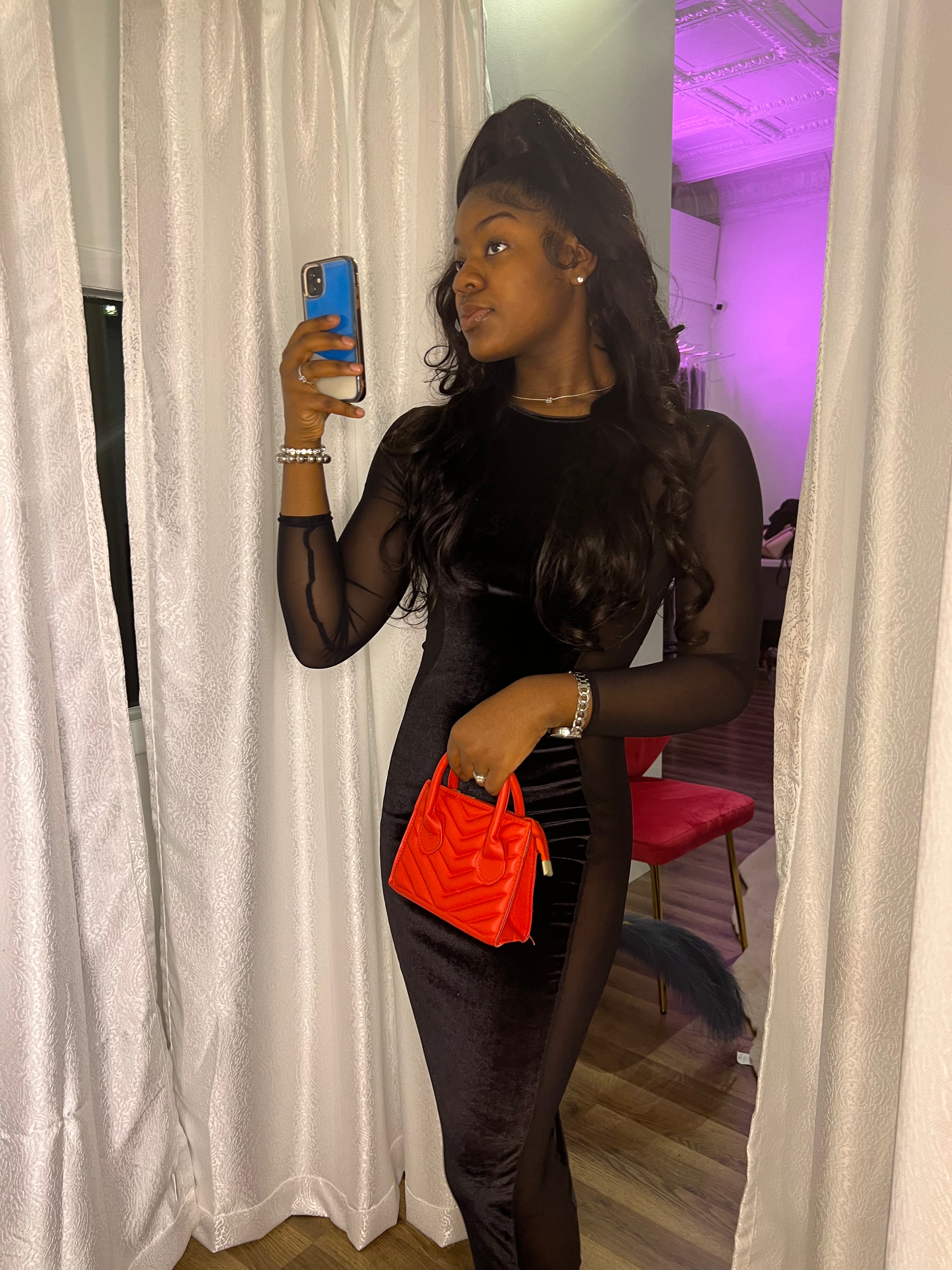 velvet slit mesh dress
