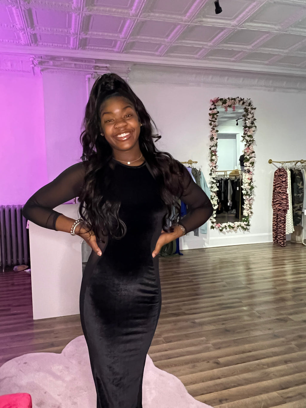 velvet slit mesh dress